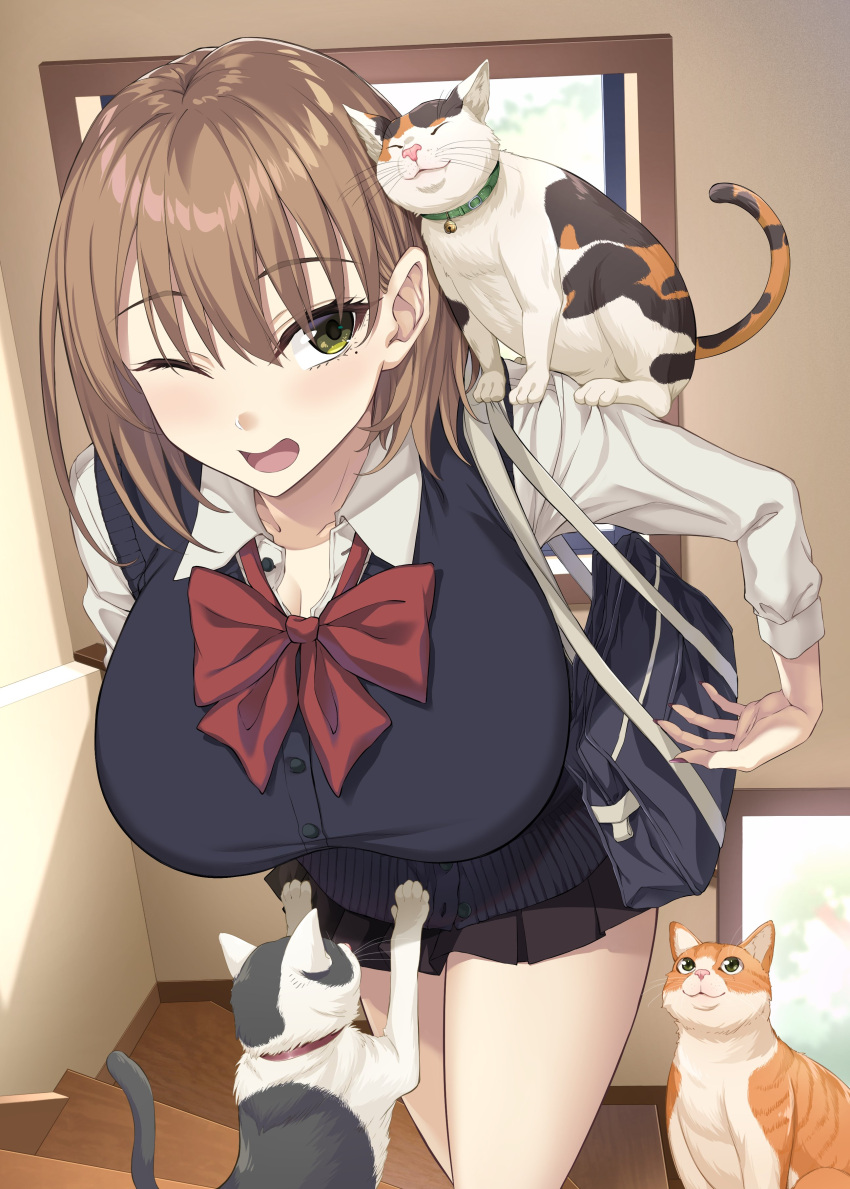 1girl :3 absurdres animal animal_on_shoulder bag bell black_skirt breasts brown_hair calico cat cleavage collar collarbone frilled_skirt frills green_eyes highres ijima_yuu indoors large_breasts leaning_forward long_sleeves looking_at_another looking_up medium_hair mole mole_under_eye neck_bell one_eye_closed open_mouth original red_nails school_bag school_uniform shadow shirt skirt solo stairs tabby_cat thick_eyebrows upskirt white_shirt white_sleeves window