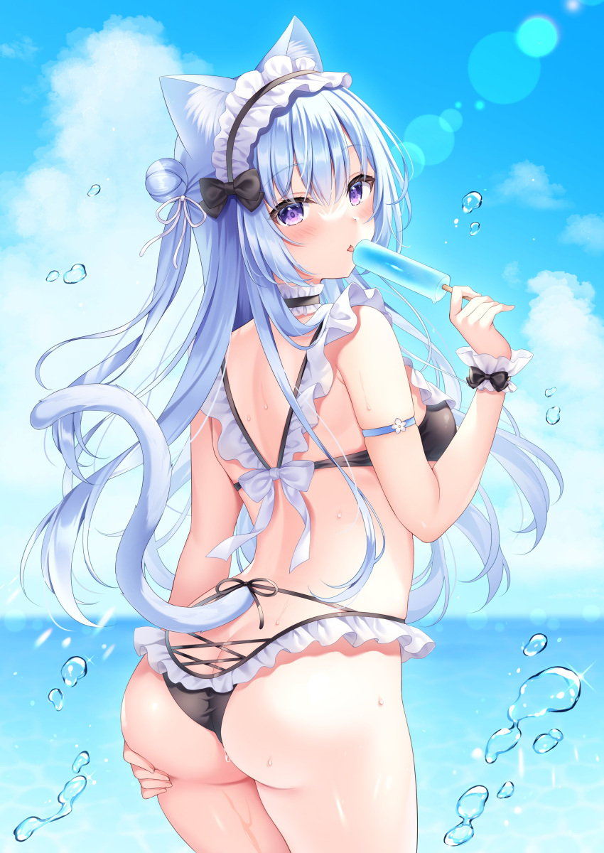 1girl absurdres animal_ears arched_back arm_strap ass back bare_shoulders bikini black_bikini black_choker blue_hair breasts cat_ears cat_girl cat_tail choker cowboy_shot day food frilled_bikini frilled_choker frills from_behind hair_bun hand_on_own_ass headdress highres holding licking long_hair looking_at_viewer looking_back medium_breasts ocean one_side_up original outdoors popsicle purple_eyes shiono_(0303) solo standing swimsuit tail tail_raised thighs tongue tongue_out wet