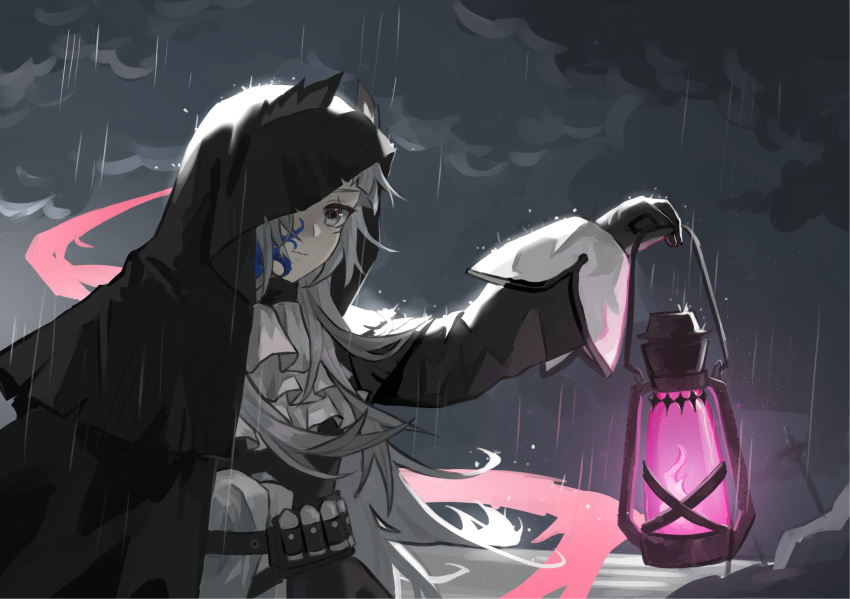 1girl absurdres arknights ascot belt black_dress black_gloves closed_mouth cloud cloudy_sky dress fire gloves grey_eyes grey_hair head_wings highres holding holding_lantern hood hood_up irene_(arknights) lantern long_hair long_sleeves looking_at_viewer outdoors purple_fire rain sky smile solo spoilers tentacles upper_body white_ascot xhcohiyc