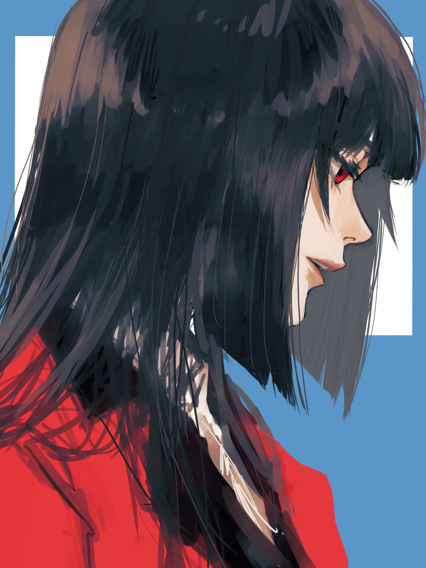 1girl absurdres bangs black_hair blue_background blunt_bangs bonjindaaa formal from_side highres hyakkaou_academy_uniform jabami_yumeko jacket kakegurui long_hair looking_down open_mouth portrait red_eyes red_jacket red_suit school_uniform solo suit suit_jacket two-tone_background upper_body white_background