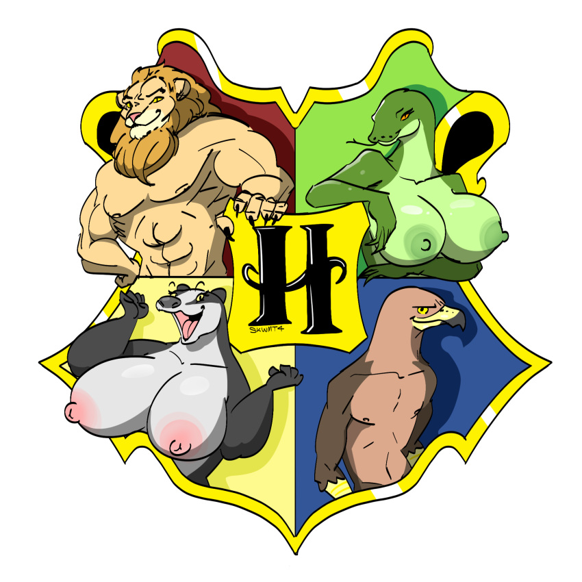 accipitrid accipitriform anthro avian badger big_breasts bird breasts crest_(heraldry) eagle felid female group gryffindor harry_potter hi_res hogwarts hufflepuff lion looking_at_viewer male mammal muscular mustelid musteline pantherine ravenclaw reptile scalie skwmt4 slytherin snake symbol