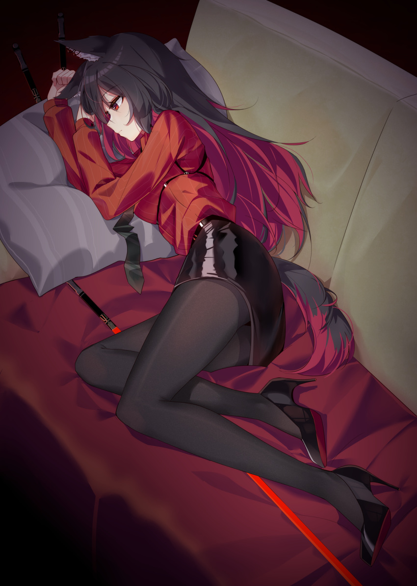 1girl adapted_costume animal_ear_fluff animal_ears arknights black_footwear black_hair black_neckerchief black_pantyhose breasts closed_eyes colored_inner_hair couch ddt_(darktrident) expressionless from_above full_body highres large_breasts long_hair long_sleeves looking_away lying multicolored_hair neckerchief official_alternate_costume on_bed on_couch on_side pantyhose pillow red_eyes red_hair red_shirt shirt sword tail texas_(arknights) texas_(willpower)_(arknights) two-tone_hair underbust weapon wolf_ears wolf_girl wolf_tail