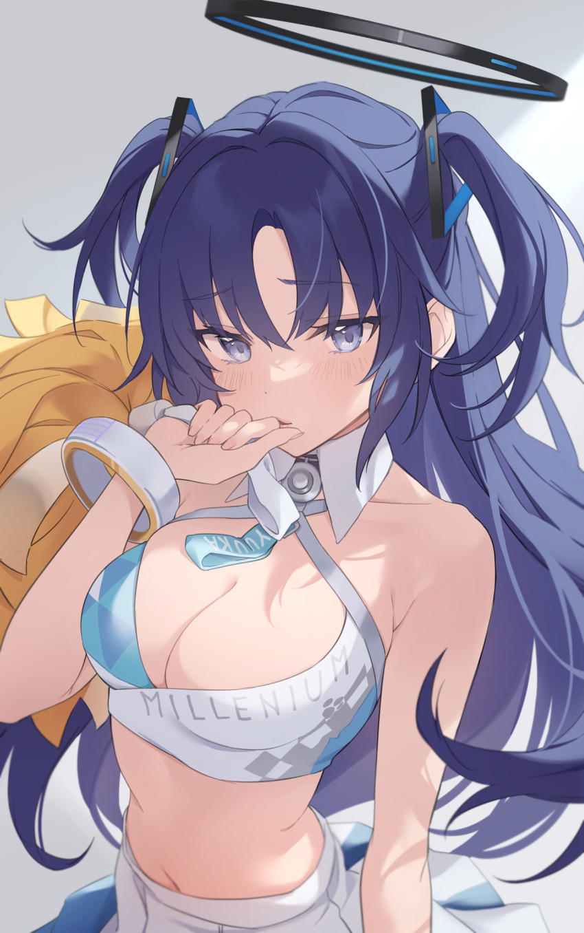 1girl blue_archive blue_eyes blue_hair bracelet breasts cheerleader cleavage clothes_writing cosplay crop_top dark_blue_hair grey_background halo hibiki_(blue_archive) hibiki_(blue_archive)_(cosplay) highres jewelry large_breasts looking_at_viewer navel pom_pom_(clothes) solo teti two_side_up upper_body yuuka_(blue_archive)