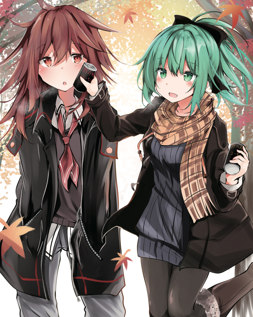 2girls alternate_costume autumn bangs boots can canned_coffee casual duel_monster green_eyes green_hair hair_between_eyes hands_in_pockets highres hiita_(yu-gi-oh!) hiita_the_fire_charmer jacket kuromiko_shoujo long_hair long_sleeves multiple_girls neckerchief open_clothes open_jacket open_mouth pants pantyhose ponytail red_eyes red_hair red_neckerchief ribbed_sweater scarf standing standing_on_one_leg sweater wynn_(yu-gi-oh!) wynn_the_wind_charmer yu-gi-oh!