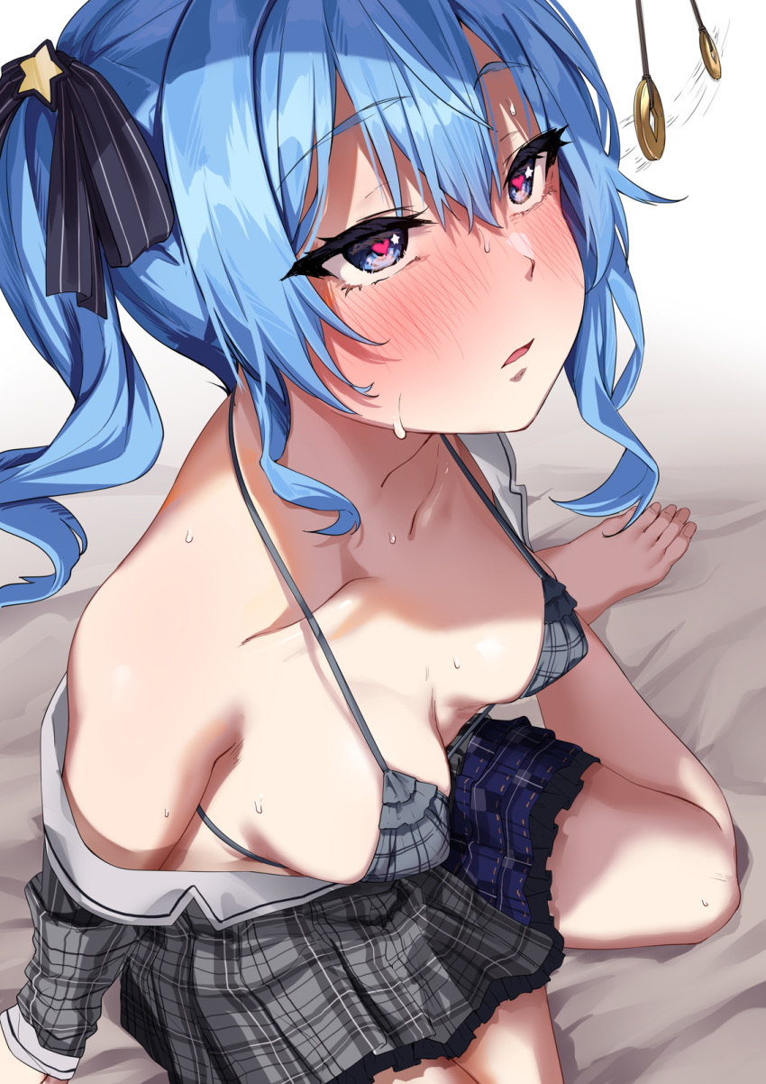 1girl bare_shoulders bikini bikini_top_only bikini_under_clothes blue_eyes blue_hair blue_skirt blush bra breasts cleavage clothes_pull collarbone grey_bra hair_ornament heart heart-shaped_pupils highres hololive hoshimachi_suisei hypnosis jack_dempa looking_at_object mind_control open_mouth parted_lips pendulum plaid plaid_shirt pleated_skirt ribbon shirt shirt_pull side_ponytail sidelocks simple_background skirt star_(symbol) star_in_eye strap_gap sweat swimsuit symbol-shaped_pupils symbol_in_eye underwear virtual_youtuber wavy_hair