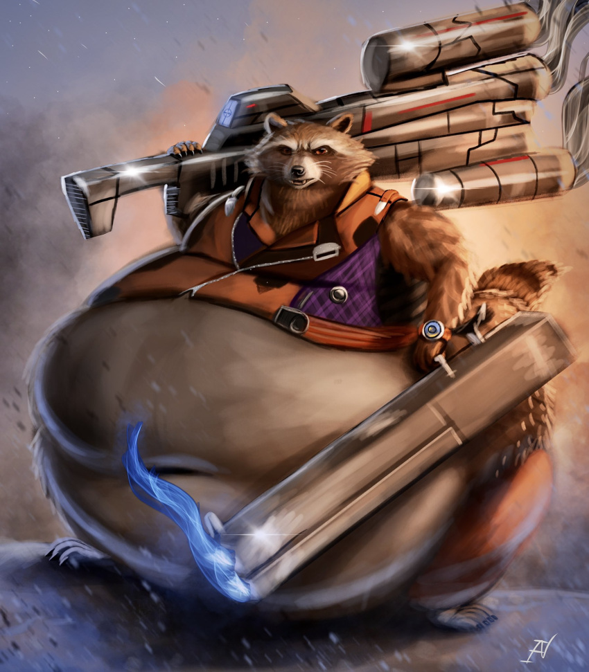 2022 anthro belly big_belly bottomwear claws clock clothed clothing fangs fur guardians_of_the_galaxy gun hi_res holding_gun holding_object holding_weapon ian-exe jacket looking_at_viewer male mammal marvel morbidly_obese morbidly_obese_anthro morbidly_obese_male navel obese obese_anthro obese_male open_mouth overweight overweight_anthro overweight_male pants procyonid raccoon raised_tail ranged_weapon rocket_raccoon solo standing toe_claws topwear watch weapon whiskers wristwatch zipper