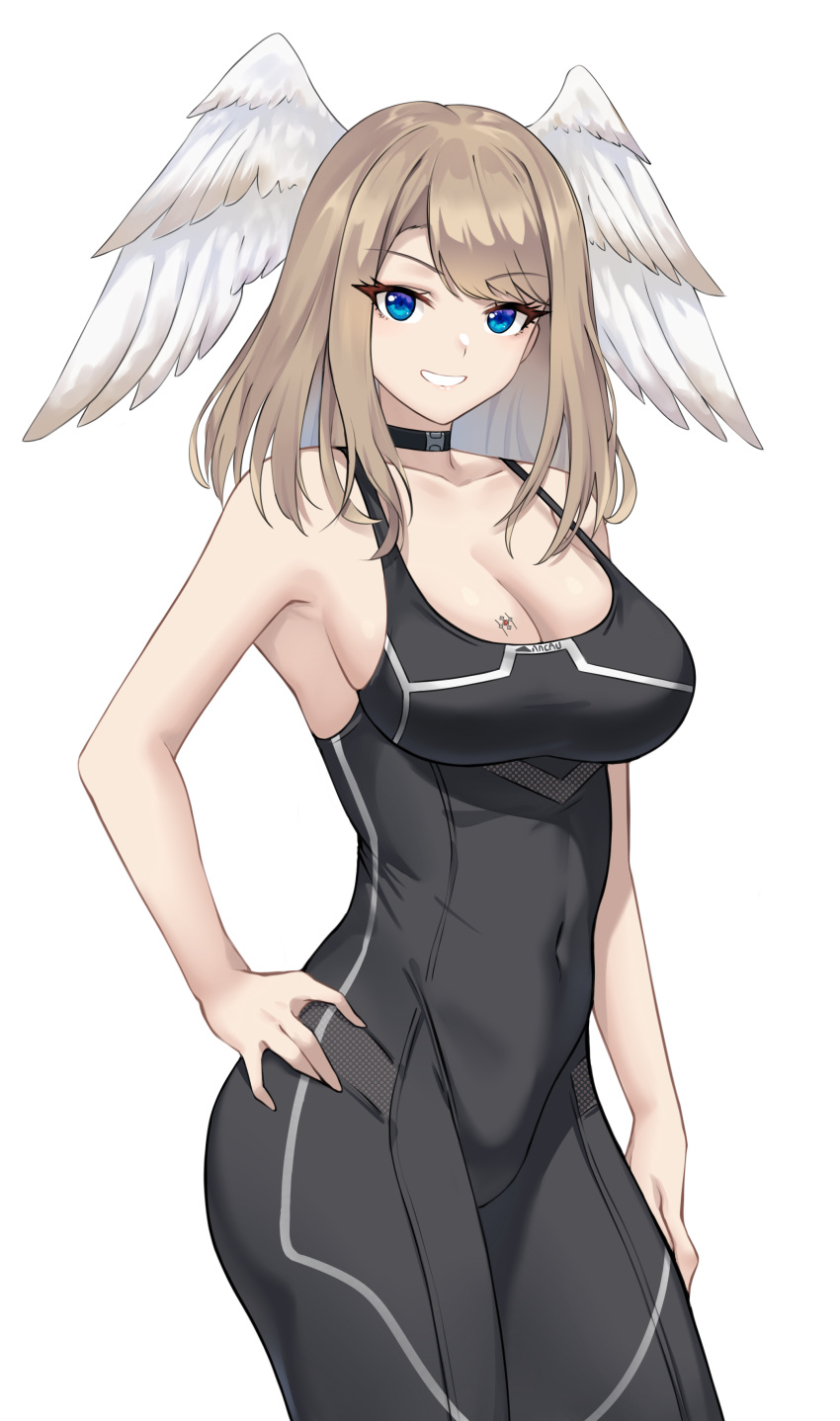 1girl absurdres bangs black_bodysuit black_choker blue_eyes bodysuit breast_tattoo breasts brown_hair choker cleavage covered_navel crimecrime eunie_(xenoblade) feathered_wings grin head_wings highres looking_at_viewer medium_breasts simple_background smile solo tattoo white_background white_wings wings xenoblade_chronicles_(series) xenoblade_chronicles_3