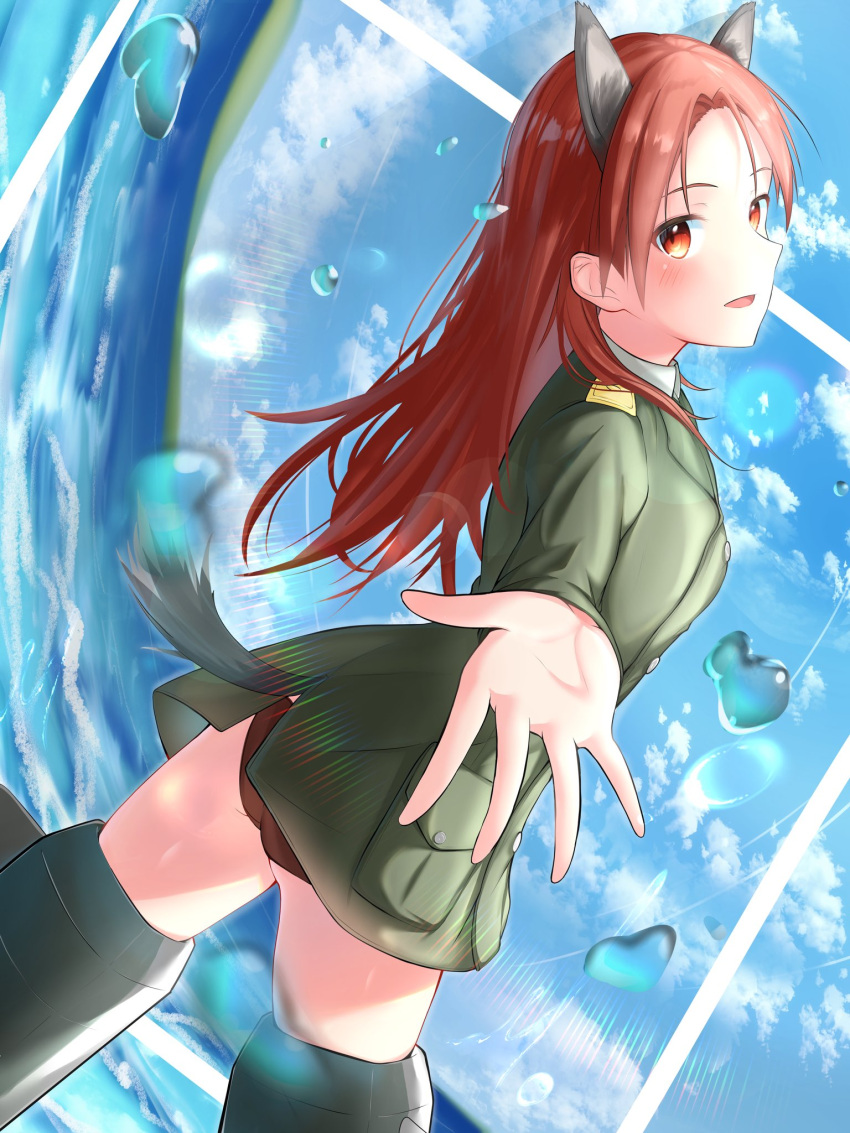 1girl animal_ears ass blush breasts dog_ears dog_tail highres iwabuchi501 long_hair looking_at_viewer military military_uniform minna-dietlinde_wilcke ocean open_mouth outdoors panties reaching_out red_eyes red_hair red_panties shiny shiny_hair sky small_breasts smile solo strike_witches striker_unit tail underwear uniform world_witches_series