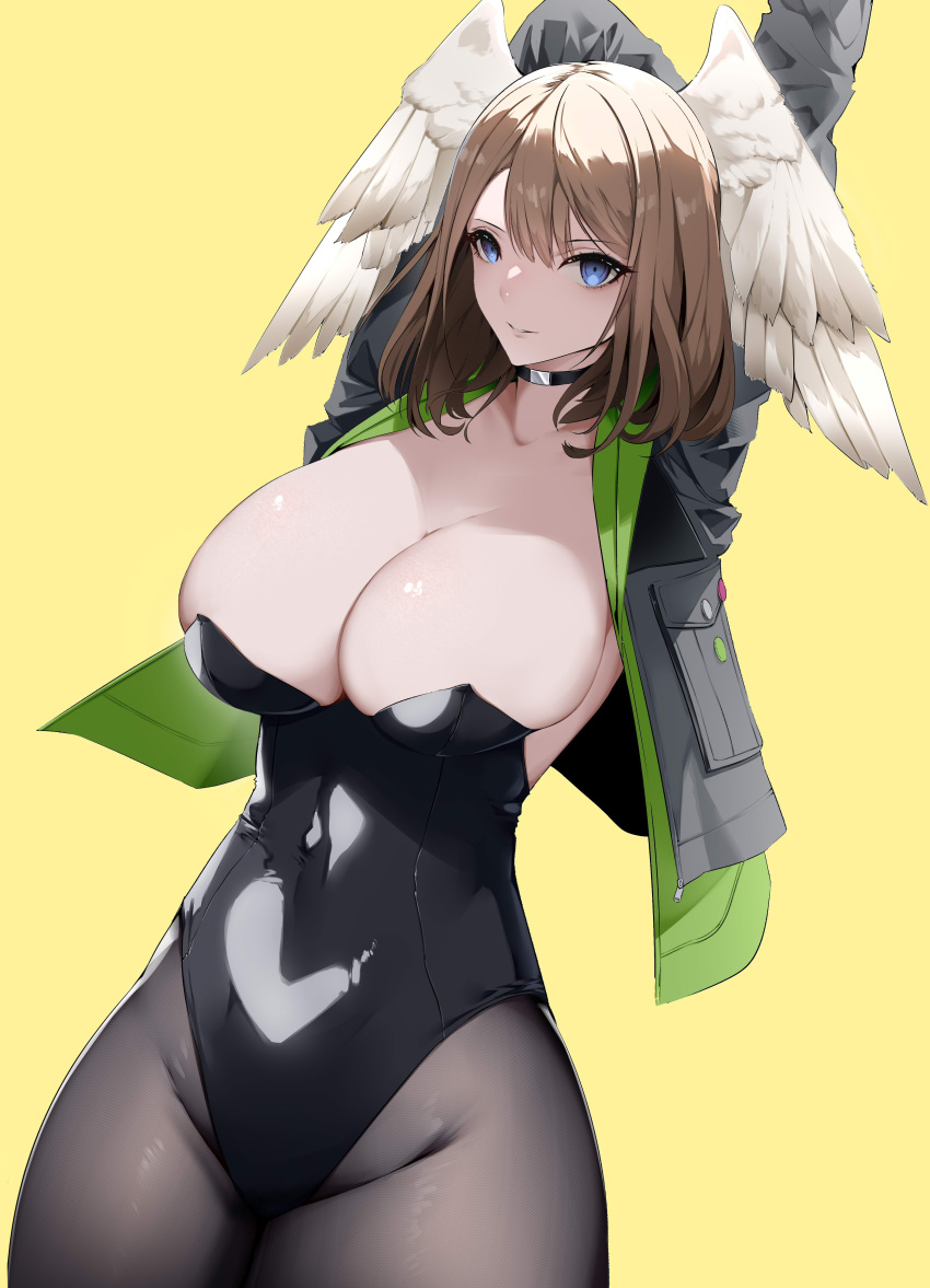 1girl 9h absurdres arms_up ass black_choker black_pantyhose blue_eyes breasts brown_hair chinese_clothes choker cleavage collarbone constricted_pupils cowboy_shot eunie_(xenoblade) feathered_wings forehead head_wings highleg highleg_leotard highres huge_breasts jacket leotard looking_at_viewer medium_hair open_clothes open_jacket pantyhose parted_lips playboy_bunny shadow shiny shiny_skin simple_background solo strapless strapless_leotard thighs wings xenoblade_chronicles_(series) xenoblade_chronicles_3 yellow_background