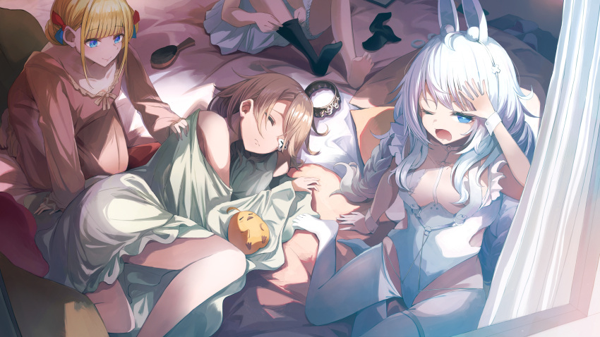 +_+ 4girls ahoge alternate_costume animal_ears arm_support azur_lane bangs black_socks blanket blonde_hair blue_eyes braid breasts closed_mouth collarbone crown crown_removed curtains double_bun fake_animal_ears hair_brush hair_bun hair_ornament hair_scrunchie highres kneeling l'indomptable_(azur_lane) l'indomptable_(little_red_riding_hood's_worries)_(azur_lane) le_malin_(azur_lane) le_malin_(listless_lapin)_(azur_lane) le_terrible_(azur_lane) le_terrible_(silence_slumber_and_solace)_(azur_lane) le_triomphant_(azur_lane) leotard long_hair looking_at_another low_twin_braids lying manjuu_(azur_lane) miyabino_(miyabi1616) morning multiple_girls nightgown nontraditional_playboy_bunny official_alternate_costume on_side one_eye_closed open_mouth pajamas pink_pajamas playboy_bunny putting_on_legwear rabbit_ears scrunchie scrunchie_removed short_hair sitting sleeping sleepover small_breasts smile socks swept_bangs thigh_strap toes twin_braids very_long_hair waking_up white_hair white_leotard white_pajamas wrist_cuffs yawning yokozuwari