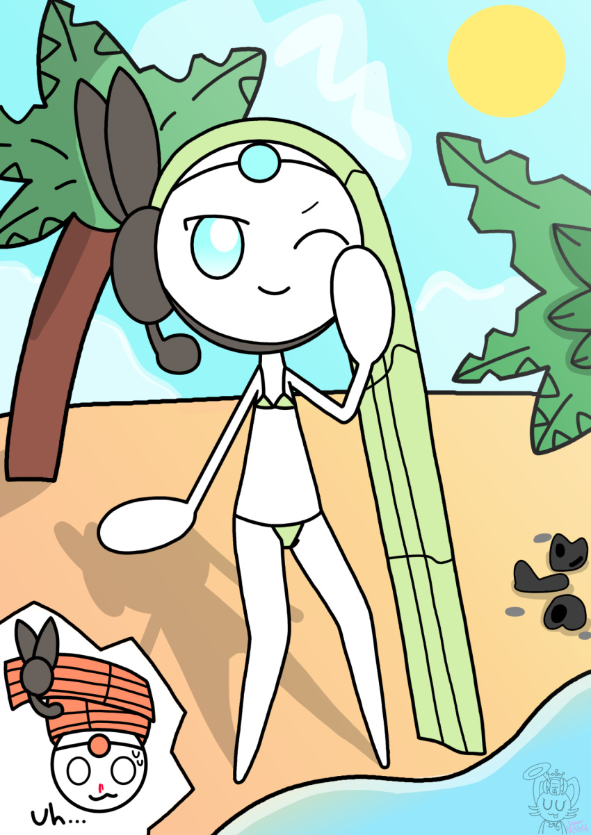 ambiguous_gender beach bikini bikini_bottom bikini_top blood bodily_fluids clothed clothing digital_media_(artwork) duo female female/ambiguous feral flat_chested generation_5_pokemon hi_res legendary_pokemon luluwoo mammal meloetta meloetta_(aria_form) meloetta_(pirouette_form) nintendo nosebleed one_eye_closed pokemon pokemon_(species) seaside skimpy smile solo_focus sweat sweatdrop swimwear text video_games wink