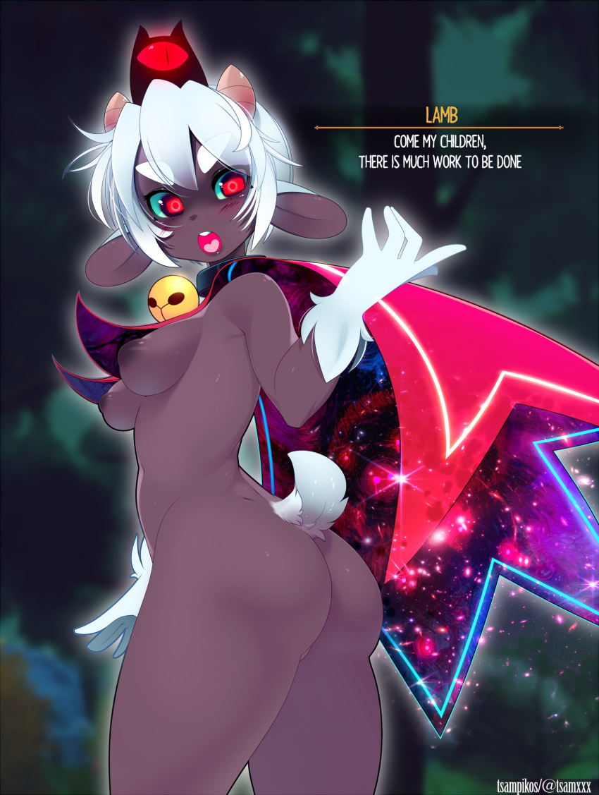 2022 anthro blush bovid breasts butt cape cape_only caprine clothing cult_of_the_lamb female fur hair hi_res horn lamb_(cult_of_the_lamb) mammal mostly_nude nipples sheep short_hair solo thick_thighs tsampikos