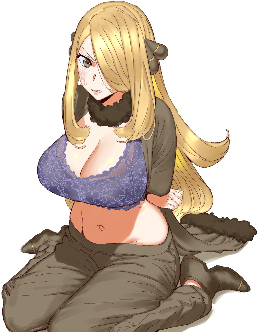 1girl absurdres arms_behind_back belly black_coat black_footwear black_pants blonde_hair blush bound bound_arms bra breasts cleavage coat cynthia_(pokemon) floral_print frown fur-trimmed_choker fur-trimmed_coat fur_trim grey_eyes hair_ornament hair_over_one_eye highres huge_breasts long_hair looking_at_viewer navel open_clothes open_coat pants pokemon pokemon_(game) pokemon_dppt purple_bra sidelocks simple_background sitting solo sweatdrop underwear very_long_hair wariza white_background zippppiz