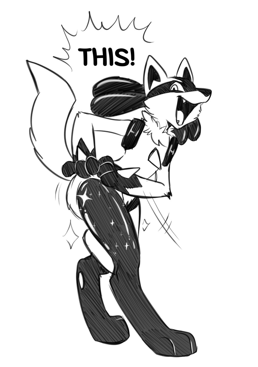 2022 absurd_res anthro biped chest_spike dialogue digital_media_(artwork) digitigrade disney english_text fizzy-dog generation_4_pokemon hand_on_leg hi_res humor looking_at_viewer lucario male monochrome nintendo paws pokemon pokemon_(species) pseudo_clothing simple_background solo sparkles spikes spikes_(anatomy) talking_to_viewer text the_emperor's_new_groove video_games white_background