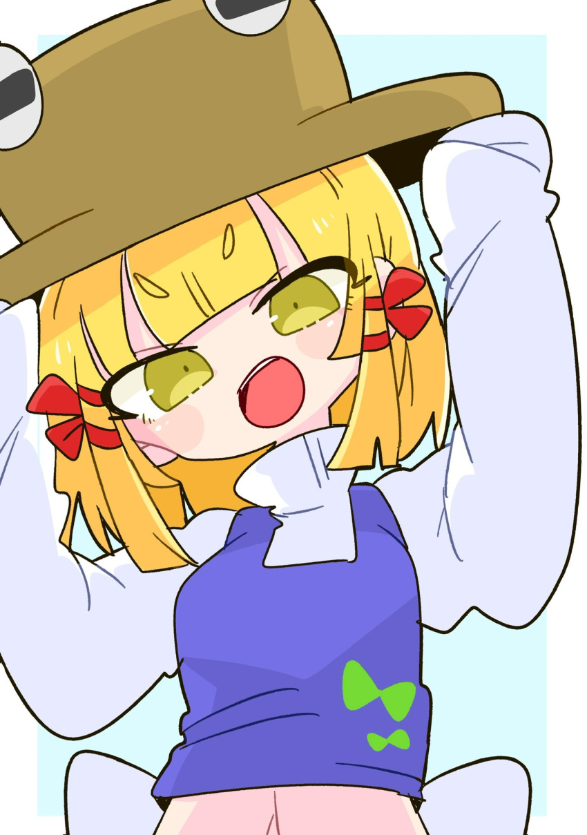 1girl bangs blonde_hair hat highres long_sleeves medium_hair midriff moriya_suwako navel op_na_yarou parted_bangs purple_vest shirt short_hair simple_background sleeves_past_wrists smile solo touhou turtleneck v-shaped_eyebrows vest white_background white_shirt wide_sleeves yellow_eyes