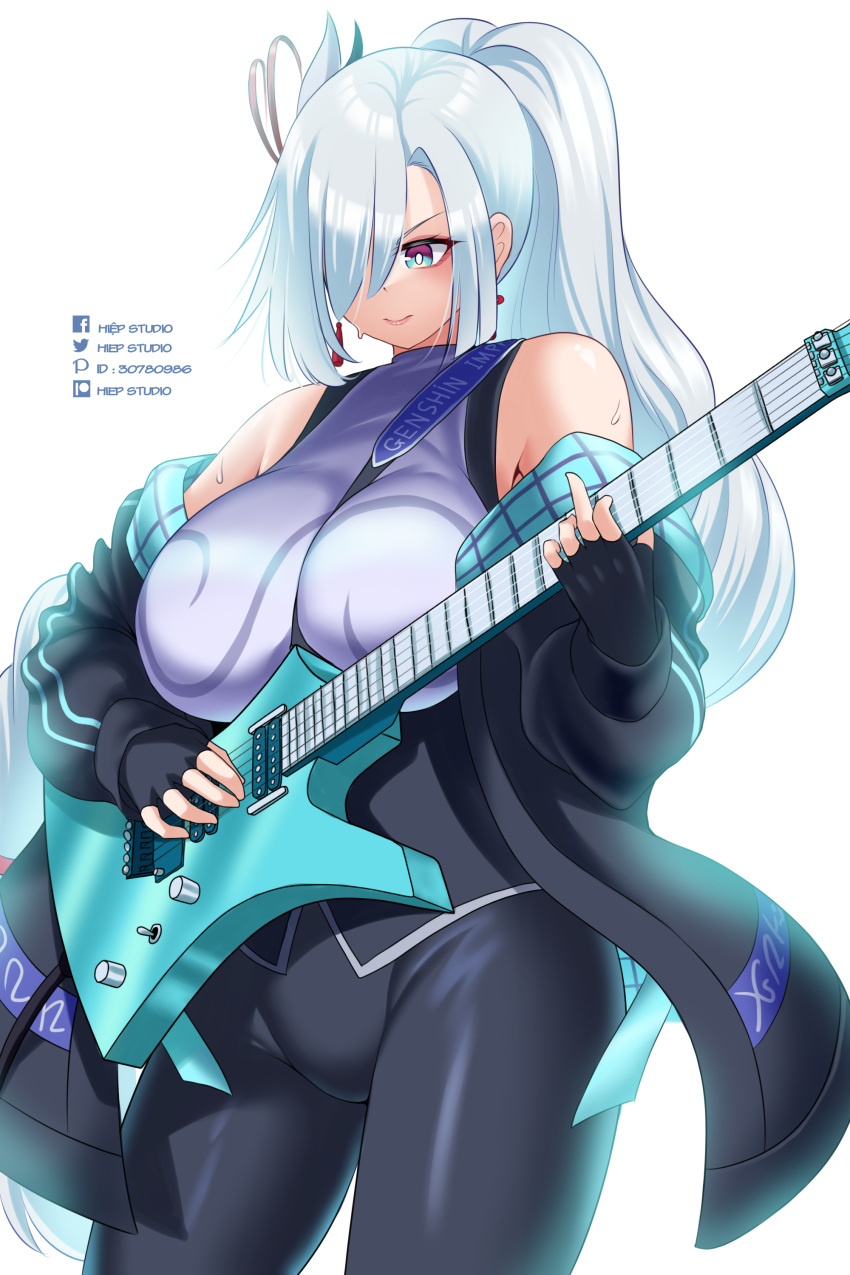 1girl absurdres bare_shoulders black_jacket black_pants blue_eyes breasts commentary cowboy_shot electric_guitar genshin_impact guitar hair_over_one_eye hiep_studio highres holding holding_instrument instrument jacket large_breasts leggings long_hair off_shoulder official_alternate_costume open_clothes open_jacket pants ponytail purple_shirt shenhe_(genshin_impact) shirt simple_background solo standing thighs very_long_hair white_background white_hair