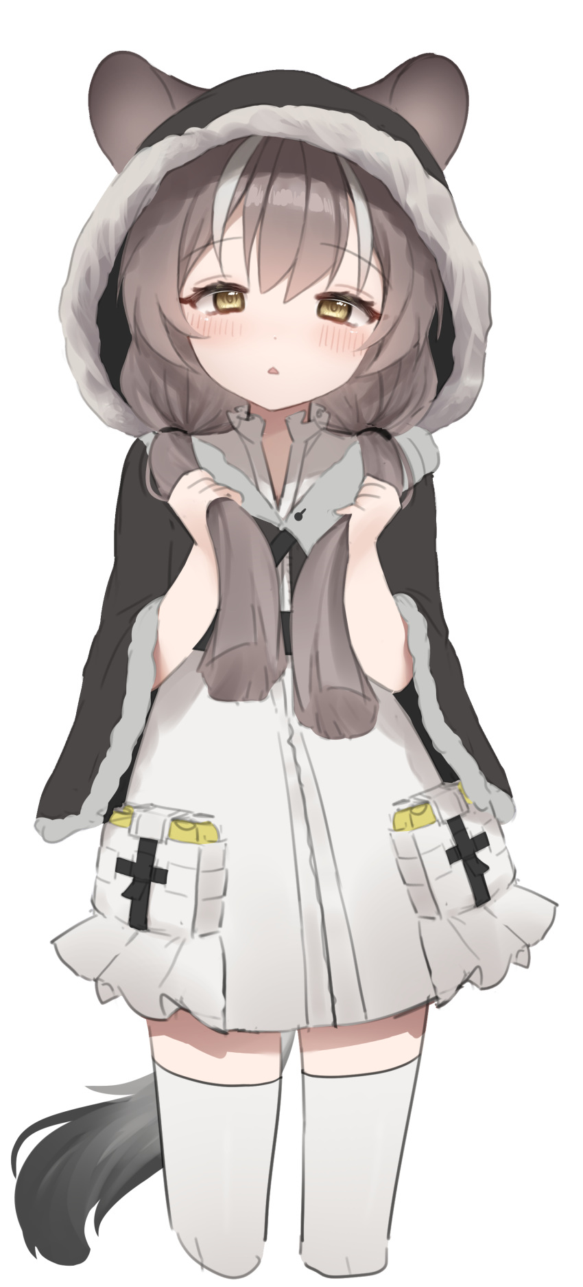 1girl :&lt; absurdres animal_ears arknights bangs black_cloak blush brown_hair cloak commentary_request cropped_legs dress ears_through_headwear fur-trimmed_cloak fur-trimmed_hood fur_trim hair_between_eyes hands_up highres holding holding_hair honeyberry_(arknights) hood hood_up hooded_cloak long_hair looking_at_viewer mang multicolored_hair parted_lips simple_background solo streaked_hair tail thighhighs triangle_mouth white_background white_dress white_hair white_thighhighs yellow_eyes