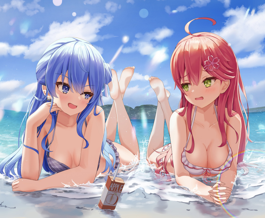 2girls absurdres adapted_costume ahoge alternate_breast_size apple_juice armpit_crease asakura_(asa_t77) bangs bare_legs barefoot beach bikini blue_bikini blue_eyes blue_hair blue_sky blush breasts cleavage cloud cloudy_sky collarbone commentary_request crossed_legs day earrings eyelashes feet feet_up frilled_bikini frills green_eyes hair_between_eyes hair_ornament hair_ribbon hairclip highres hololive hoshimachi_suisei jewelry juice_box knees_apart_feet_together large_breasts legs lens_flare long_hair looking_at_another lying medium_breasts multiple_girls on_stomach one_side_up plaid plaid_bikini ribbon sakura_miko shiny shiny_hair shiny_skin sidelocks sky soles star_(symbol) star_in_eye swimsuit symbol_in_eye the_pose thighs toes virtual_youtuber water white_bikini