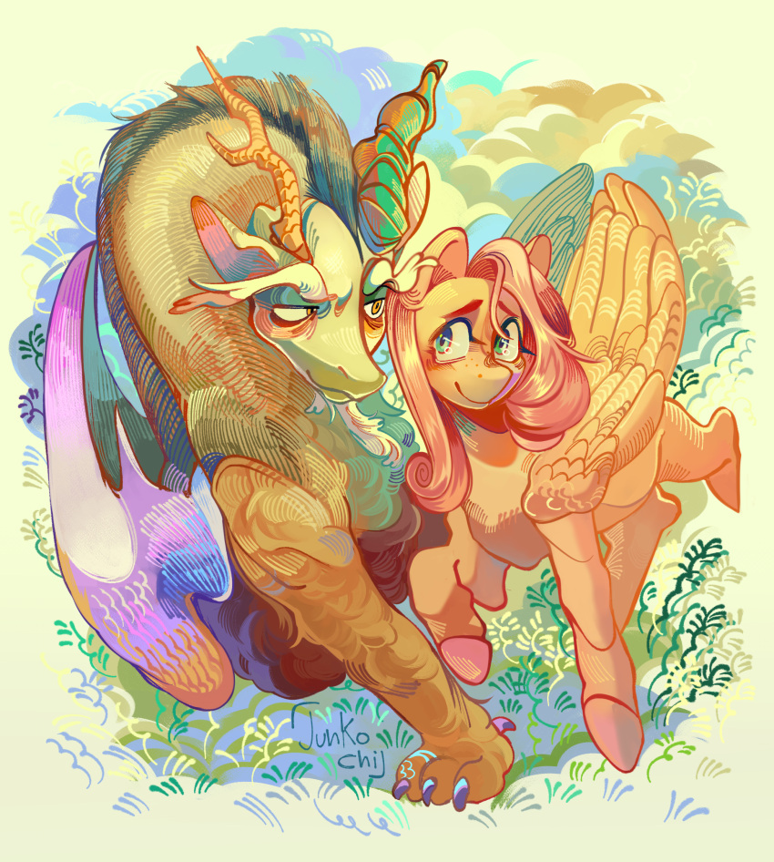 beard blue_eyes blush chimera claws discord_(mlp) draconequus dragon duo equid equine eyebrows facial_hair female feral fluttershy_(mlp) friendship_is_magic fur furred_dragon hair happy hasbro hi_res hooves horn horse junkochi male male/female mammal my_little_pony pegasus pink_hair pink_hooves pony purple_wings quimera ship shy thick_eyebrows vehicle watercraft wings yellow_body yellow_eyes