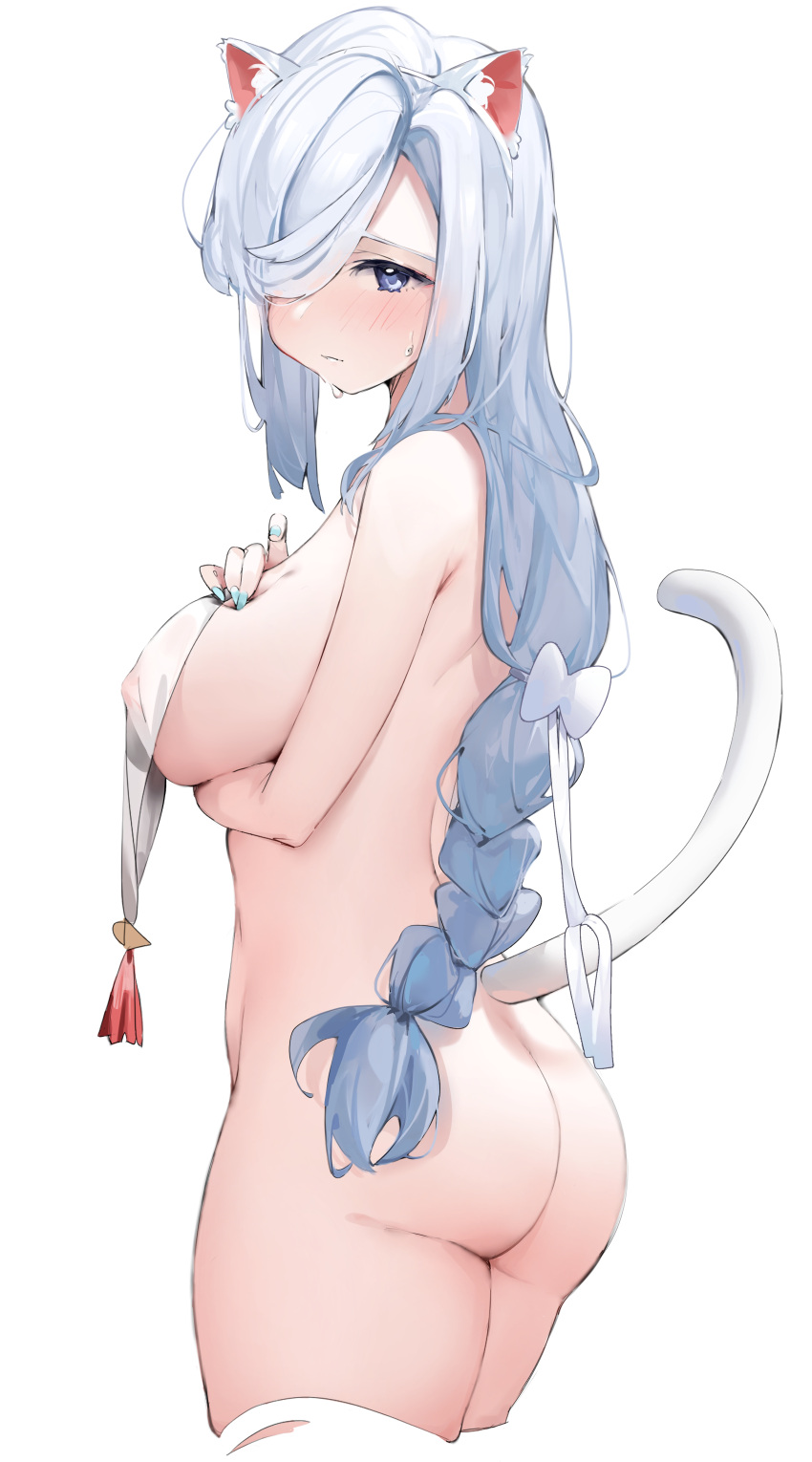 1girl absurdres amiamie animal_ear_fluff animal_ears arm_under_breasts ass blue_eyes blush braid braided_ponytail breast_hold breasts cat_ears cat_girl cat_tail covered_nipples cropped_legs from_side genshin_impact hair_over_one_eye hand_on_own_chest highres kemonomimi_mode large_breasts looking_at_viewer naked_towel shenhe_(genshin_impact) simple_background single_braid solo sweat tail tail_raised towel white_background white_tail