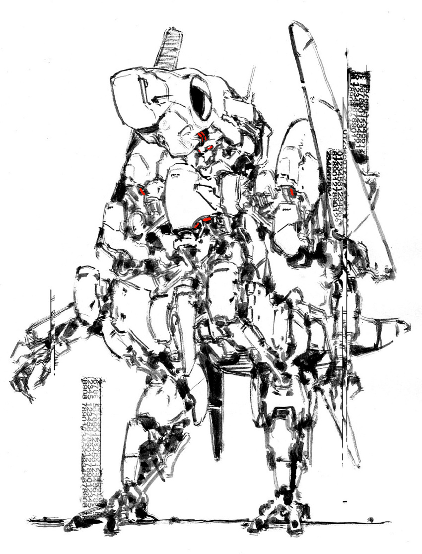 highres jnt mecha monochrome no_humans open_hands original red_eyes robot science_fiction sketch spot_color standing white_background