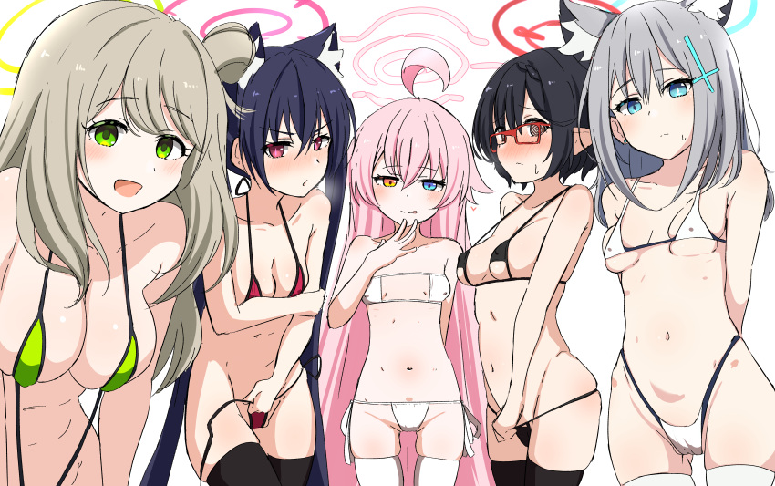 5girls :d @_@ absurdres ahoge alternate_costume angry animal_ear_fluff animal_ears arms_behind_back ass_visible_through_thighs asymmetrical_bangs ayane_(blue_archive) bangs bare_shoulders bikini black_bikini black_hair black_thighhighs blue_archive blue_eyes blush braid breasts brown_eyes cat_ears cleavage closed_mouth collarbone covered_nipples cowboy_shot cross_hair_ornament donutman ear_blush embarrassed expressionless extra_ears glasses green_bikini green_eyes grey_hair hair_between_eyes hair_bun hair_ornament halo hand_on_own_arm hand_on_own_chin harem heterochromia highres hoshino_(blue_archive) huge_breasts leaning_forward licking_lips light_blush long_hair looking_at_viewer medium_breasts medium_hair micro_bikini mismatched_pupils multiple_girls naughty_face navel nervous nonomi_(blue_archive) open_mouth pink_hair pointy_ears red_bikini red_eyes ribbon-trimmed_bikini seductive_smile serika_(blue_archive) shiroko_(blue_archive) short_hair side-tie_bikini_bottom sidelocks simple_background single_side_bun small_breasts smile standing stomach string_bikini sweatdrop swimsuit thigh_gap thighhighs tongue tongue_out twintails very_long_hair white_background white_bikini white_thighhighs wolf_ears x_hair_ornament yellow_eyes