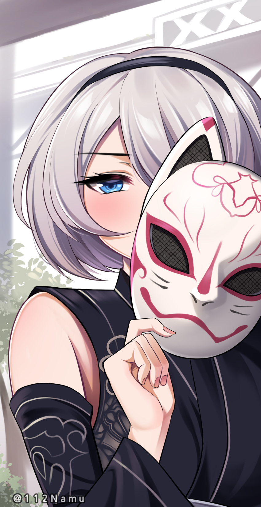 1girl absurdres black_hairband blue_eyes blush detached_sleeves fox_mask grey_hair hair_over_one_eye hairband highres japanese_clothes looking_at_viewer mask mask_removed namu_(112namu) nier_(series) nier_automata official_alternate_costume upper_body yorha_no._2_type_b