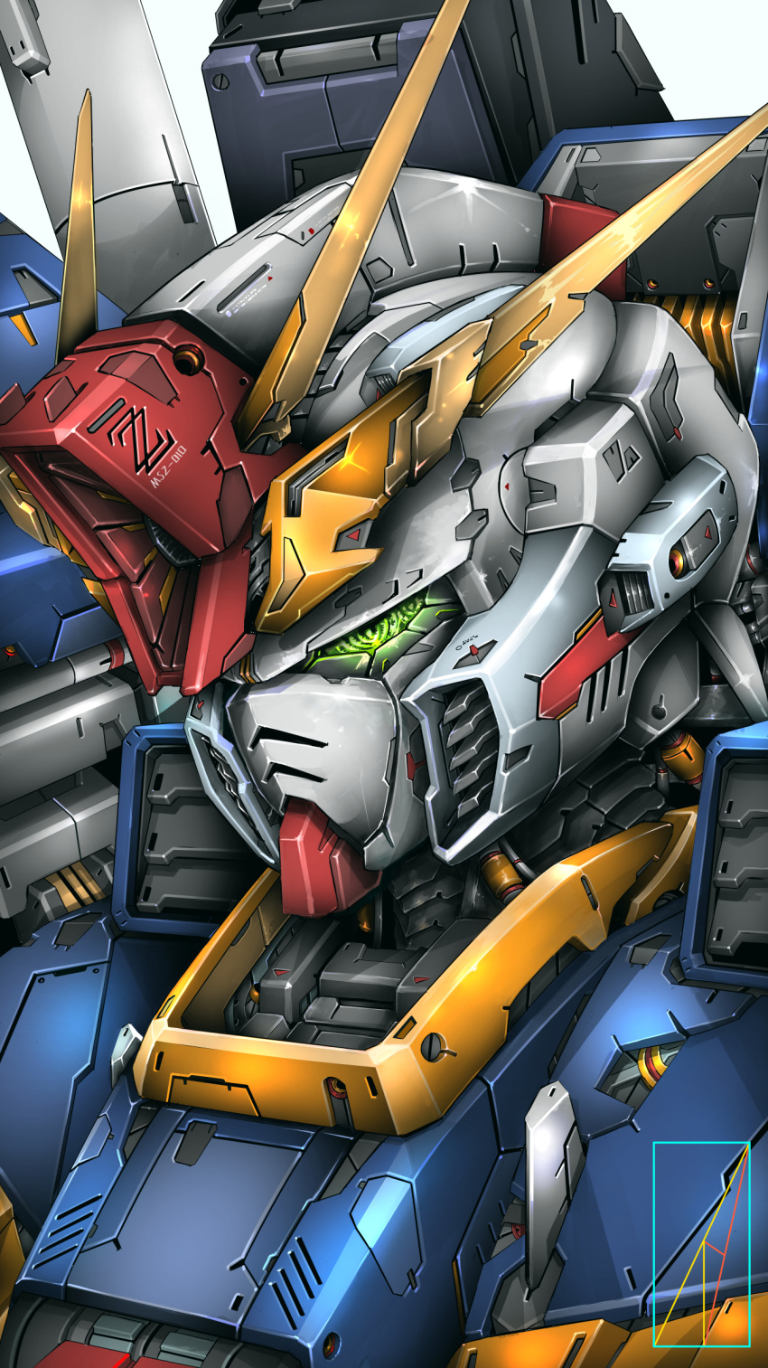 denjyou23 from_side green_eyes gundam gundam_zz highres looking_ahead mecha mobile_suit no_humans portrait robot solo v-fin white_background zz_gundam