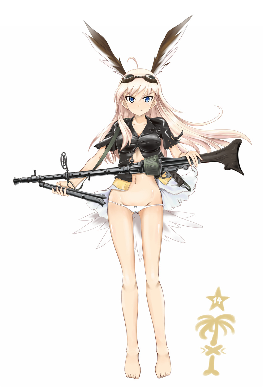 ass_visible_through_thighs barefoot blonde_hair blue_eyes drum_magazine full_body goggles goggles_on_head groin gun hanna-justina_marseille head_wings highres legs long_hair looking_at_viewer lowleg lowleg_panties machine_gun mg34 military military_uniform navel panties predatorss simple_background solo standing strike_witches tsurime underwear uniform weapon white_background world_witches_series