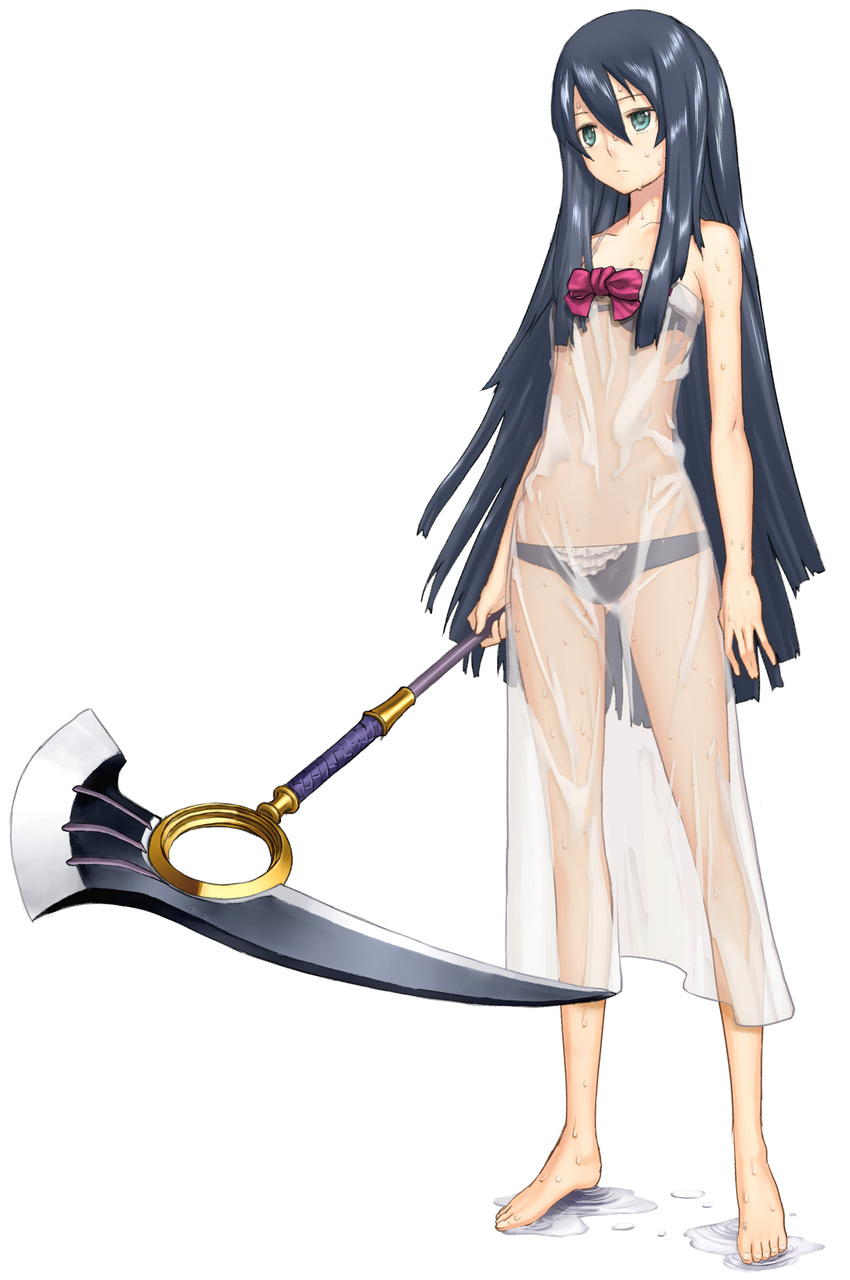 absurdres ar_tonelico ar_tonelico_iii barefoot black_bra black_hair black_panties blue_eyes bow bra feet frilled_panties frills full_body green_eyes highres legs lingerie long_hair midriff nagi_ryou navel official_art panties puddle scythe see-through simple_background solo soma underwear very_long_hair weapon wet wet_clothes white_background
