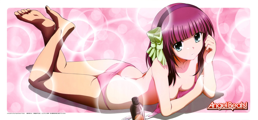 abe_naoto absurdres angel_beats! aqua_eyes ass back bangs barefoot bikini blunt_bangs bottle bow breasts butt_crack cleavage clenched_hand copyright_name crossed_legs dengeki_g's dimples_of_venus feet from_side full_body hair_bow hairband highres holding_arm legs_up logo looking_at_viewer lotion lying official_art on_stomach pink_background pink_bikini purple_hair scan small_breasts soles solo sunscreen swimsuit the_pose unfastened yuri_(angel_beats!)