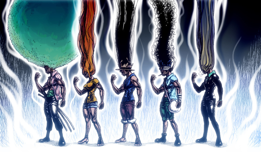 4boys abs absurdly_long_hair afro bag biafura blonde_hair cigarette epic_hair goggles gon-san green_hair hat hunter_x_hunter katana long_hair monkey_d_luffy multiple_boys muscle nami_(one_piece) odd_one_out one_piece parody roronoa_zoro sanji smoking straw_hat sword tattoo usopp very_long_hair weapon