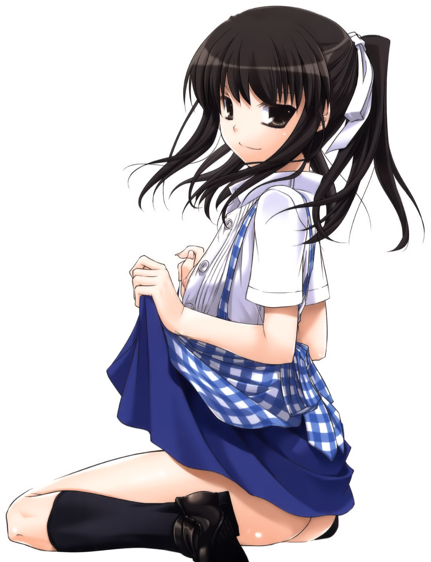 absurdres apron ass black_eyes black_hair bow breasts buttons copyright_request highres kneehighs koubeya_uniform mary_janes nakajima_yuka nipples open_clothes open_shirt plaid plaid_apron shirt shoes skirt skirt_lift small_breasts solo twintails waitress
