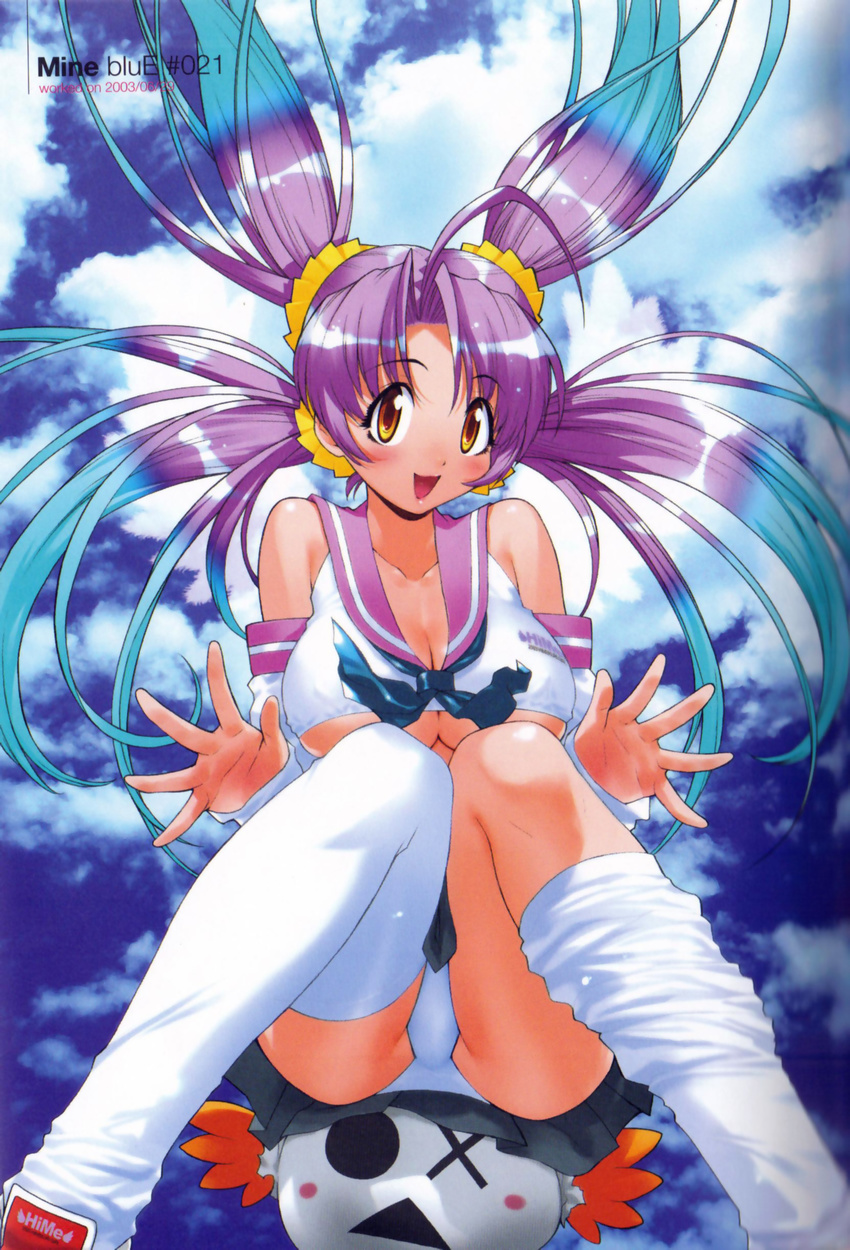 absurdres ahoge blue_hair blush breasts copyright_request detached_sleeves highres large_breasts long_hair multicolored_hair open_mouth panties pantyshot purple_hair quad_tails school_uniform solo thighhighs underboob undersized_clothes underwear yellow_eyes yoshizaki_mine