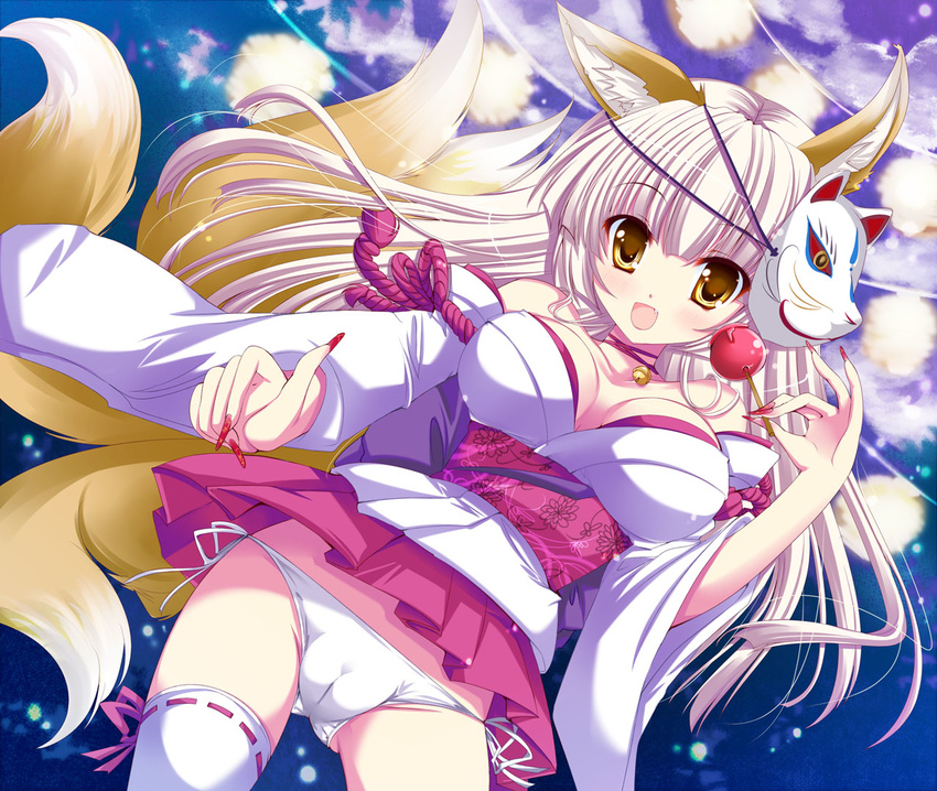 animal_ears cameltoe candy_apple choker copyright_request fat_mons fingernails food fox_mask hinata_momo japanese_clothes long_fingernails mask multiple_tails nail_art nail_polish panties red_nails ribbon_choker side-tie_panties solo tail thighhighs underwear white_hair yellow_eyes