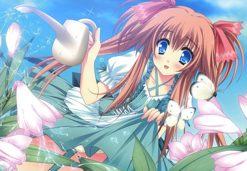 1girl :d absurdres bangs blue_eyes blush brown_hair butterfly character_request dress dress_lift dutch_angle flat_chest flower frills hair_ribbon halterneck hello,good-bye hello_good-bye highres lily_(flower) long_hair moekibara_fumitake official_art open_mouth orange_hair outdoors panties pantyshot pantyshot_(standing) ribbon scan sky smile solo standing sundress thigh_gap twintails underwear water watering_can white_panties yukishiro_may