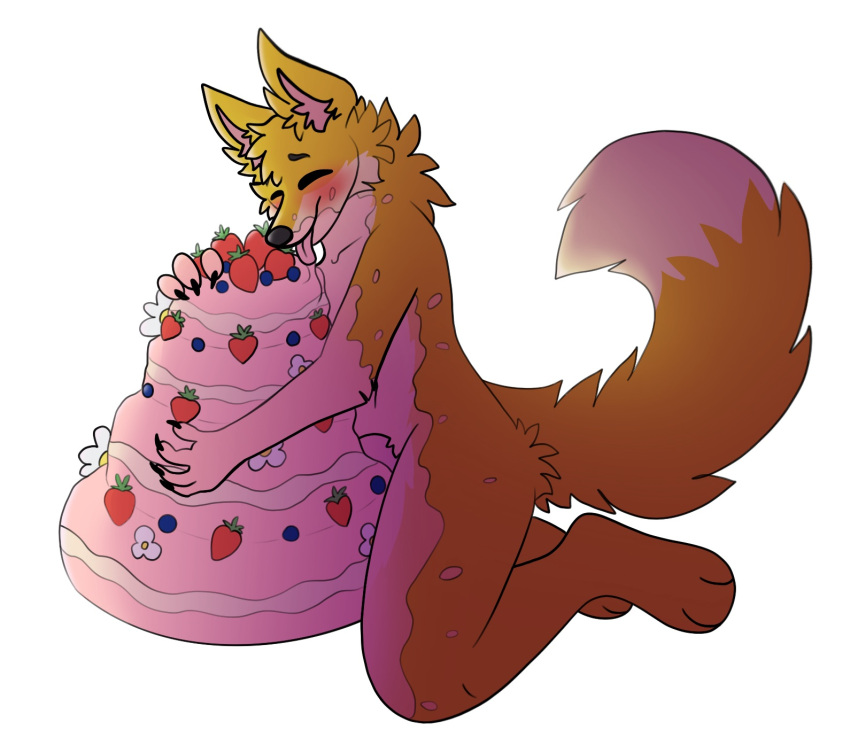 anthro balls_deep blueberry_(fruit) blush blushing_profusely cake canid canine dessert dirty eating eating_food eyes_closed fehn_fennec fennec flower food food_fetish food_play fox fruit fur genitals grabbing_from_behind happy hi_res icing kaymation kneeling male mammal nude penetration penis pink_penis plant smile solo strawberry tan_body tan_fur tongue tongue_out yellow_body