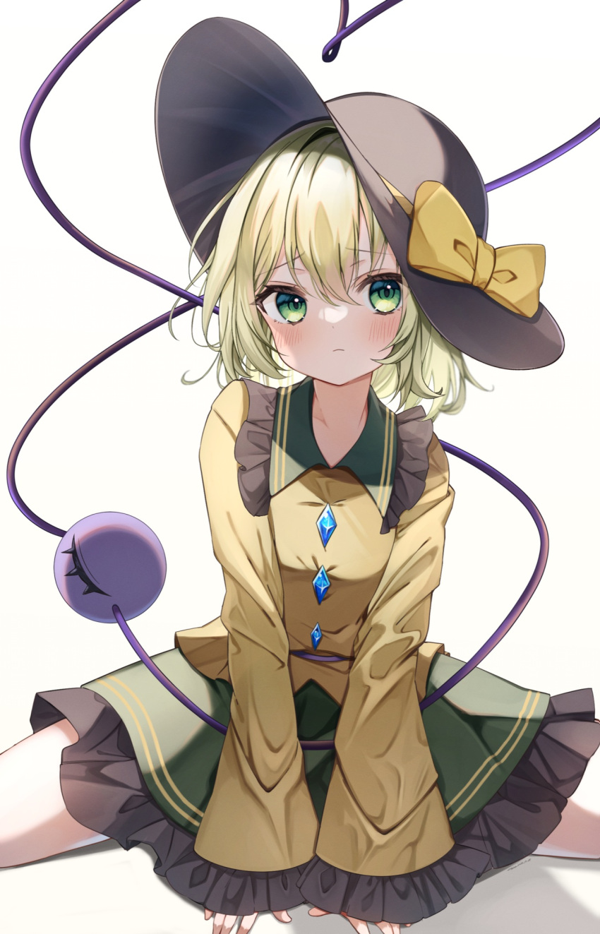 1girl bangs black_headwear blouse blush bow buttons closed_mouth diamond_button eyeball feet_out_of_frame frilled_shirt_collar frilled_skirt frilled_sleeves frills frown furrowed_brow green_eyes green_skirt hat hat_bow hat_ribbon heart heart_of_string highres komeiji_koishi light_green_hair long_sleeves looking_to_the_side medium_hair on_ground ribbon shirt simple_background sitting skirt solo third_eye touhou wavy_hair white_background wide_sleeves wide_spread_legs yellow_bow yellow_ribbon yellow_shirt yuineko