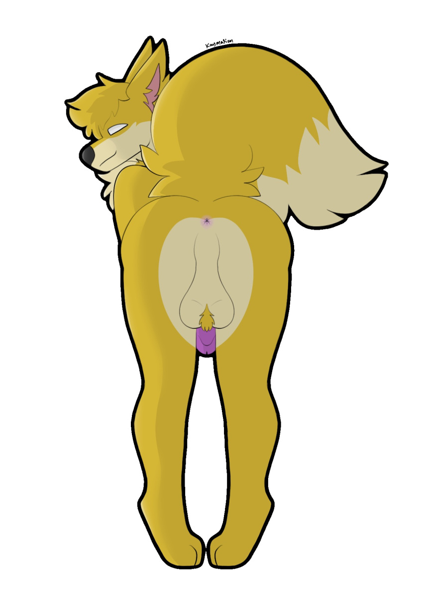 anthro anus ball_tuft balls bent_over black_nose butt canid canine circumcised fehn_fennec fennec fox genitals hi_res kaymation looking_at_viewer male mammal no_pupils penis pink_anus presenting presenting_anus presenting_hindquarters purple_penis saggy_balls smile smiling_at_viewer solo tuft white_eyes yellow_body