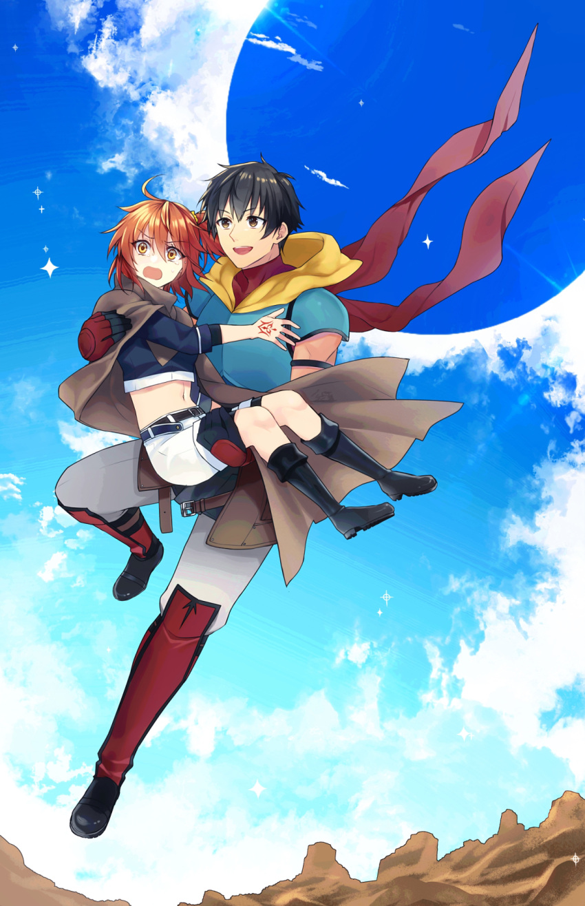 1boy 1girl :d ahoge arash_(fate) armor bangs belt bike_shorts bike_shorts_under_shorts black_footwear black_hair blue_shirt blue_sky bodysuit bodysuit_under_clothes breasts brown_belt brown_capelet brown_eyes capelet carrying cloud command_spell commentary_request crop_top day fate/grand_order fate_(series) floating fujimaru_ritsuka_(female) fujimaru_ritsuka_(female)_(true_ether_chaldea_uniform) full_body gloves green_armor hair_between_eyes hair_ornament hair_scrunchie highres hira_(daphne) hood hood_down midriff navel official_alternate_costume one_side_up open_mouth orange_eyes orange_hair pants princess_carry red_gloves red_scarf scarf scrunchie shin_guards shirt short_hair shorts sidelocks sky small_breasts smile teeth upper_teeth white_pants white_shorts yellow_scrunchie