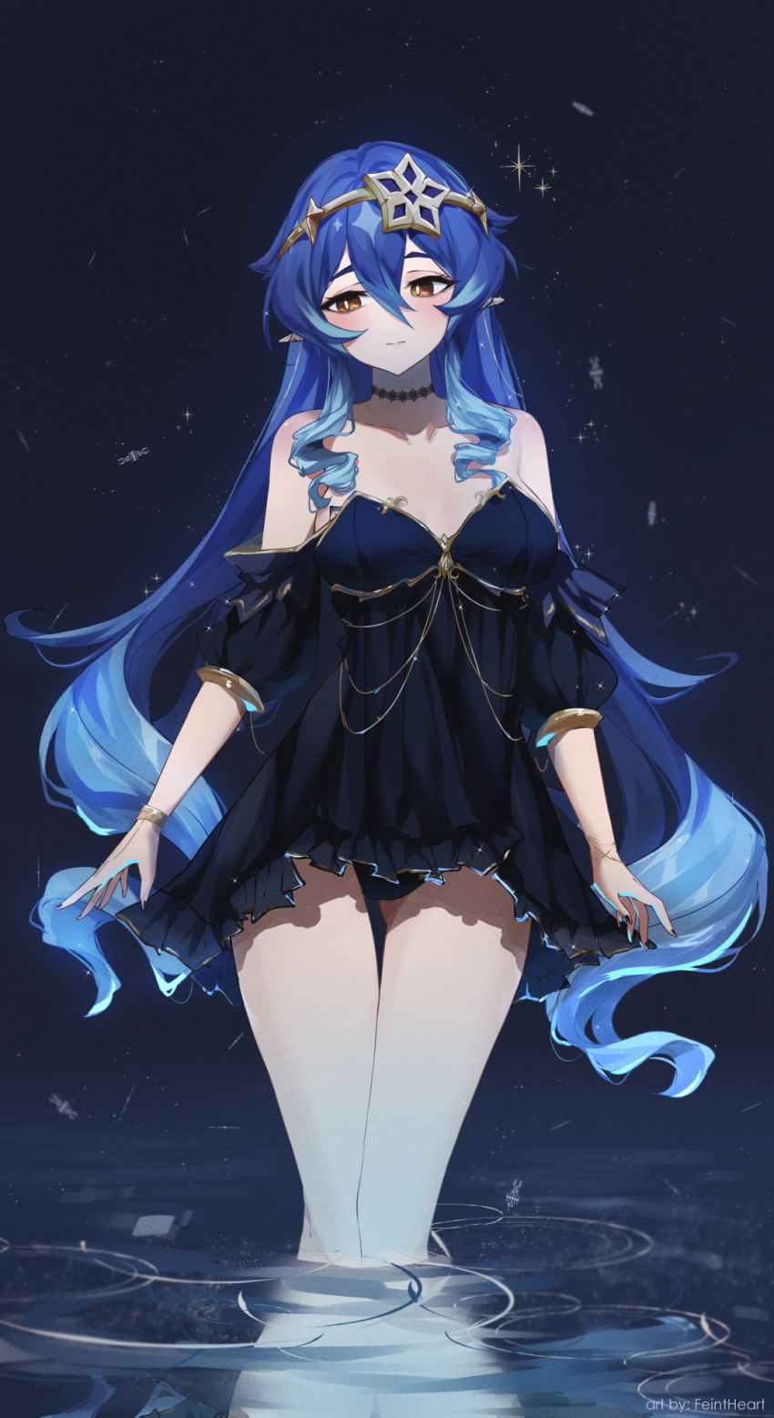 1girl alternate_costume arms_at_sides artist_name bangle bare_shoulders black_dress black_nails black_panties blue_background blue_hair blush bracelet breasts bright_pupils choker circlet cleavage dress drill_hair english_text feint721 frilled_dress frills genshin_impact hair_between_eyes highres jewelry large_breasts layla_(genshin_impact) long_hair medium_breasts neck_ring night night_sky no_hood off-shoulder_dress off_shoulder panties pantyshot pointy_ears reflection reflective_water ringlets ripples short_dress short_sleeves sky sparkle_background star_(sky) thighs twin_drills twintails underwear wading water white_pupils yellow_eyes