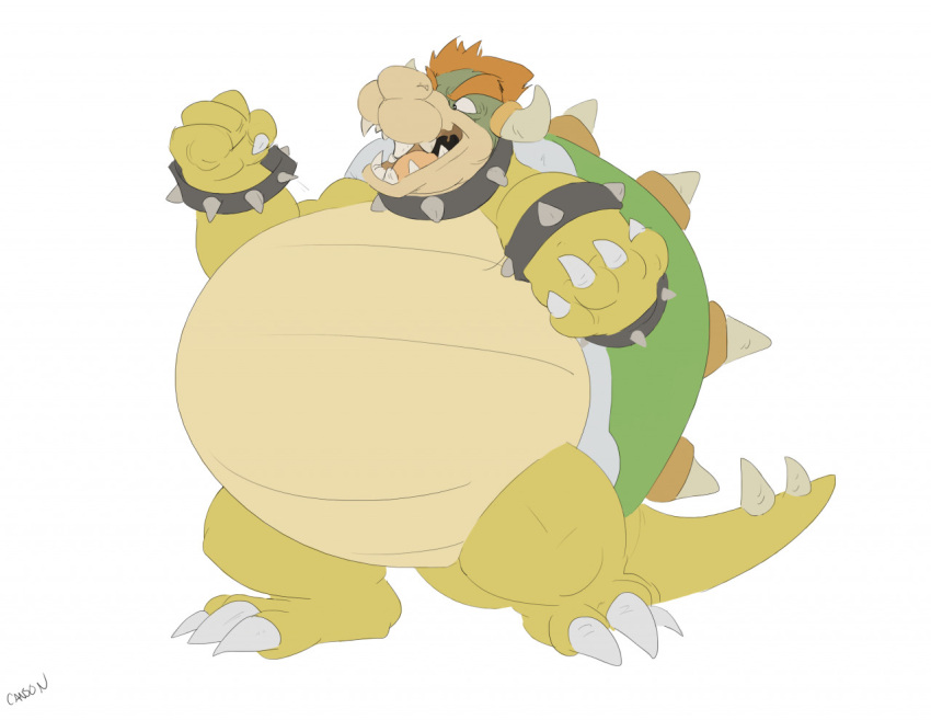 2022 anthro armband belly big_belly bowser bracelet canson claws collar dragon fangs fist hair horn jewelry koopa male mario_bros nintendo nude obese obese_anthro obese_male open_mouth overweight overweight_anthro overweight_male red_hair scales scalie shell solo spiked_armband spiked_bracelet spiked_collar spiked_shell spiked_tail spikes spikes_(anatomy) standing toe_claws tongue video_games