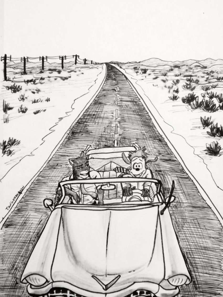 2022 3:4 anthro blacksad cadillac canid canine canis car disney domestic_dog driving duo felid feline goof_troop greyscale hi_res inktober john_blacksad landscape looking_at_another male mammal max_goof monochrome necktie plant road smile tangerin4yon texas traditional_media_(artwork) travel vehicle