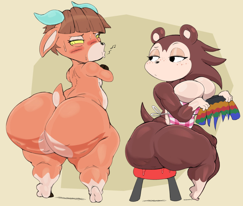 4_fingers animal_crossing anthro apron apron_only big_breasts big_butt black_eyes black_hair black_hooves blush bodily_fluids bottom_heavy bottomless bovid breasts brown_body brown_fur brown_hair butt caprine cleavage clothed clothing constricted_pupils duo ears_down embarrassed eulipotyphlan eyelashes eyes_closed eyeshadow female fingers flat_chested freckles fur goat grey_horn hair hedgehog hi_res hooves horn looking_at_another looking_away makeup mammal mostly_nude narrowed_eyes nintendo nude nude_female orange_body orange_fur partially_clothed pashmina_(animal_crossing) pivoted_ears pupils purple_yoshi_draws raised_tail rear_view sable_able shirt side_view simple_background sitting small_pupils standing sweat sweater thick_thighs topwear torn_clothing torn_shirt torn_sweater torn_topwear video_games wardrobe_malfunction weight_gain whistle yellow_eyes yellow_sclera