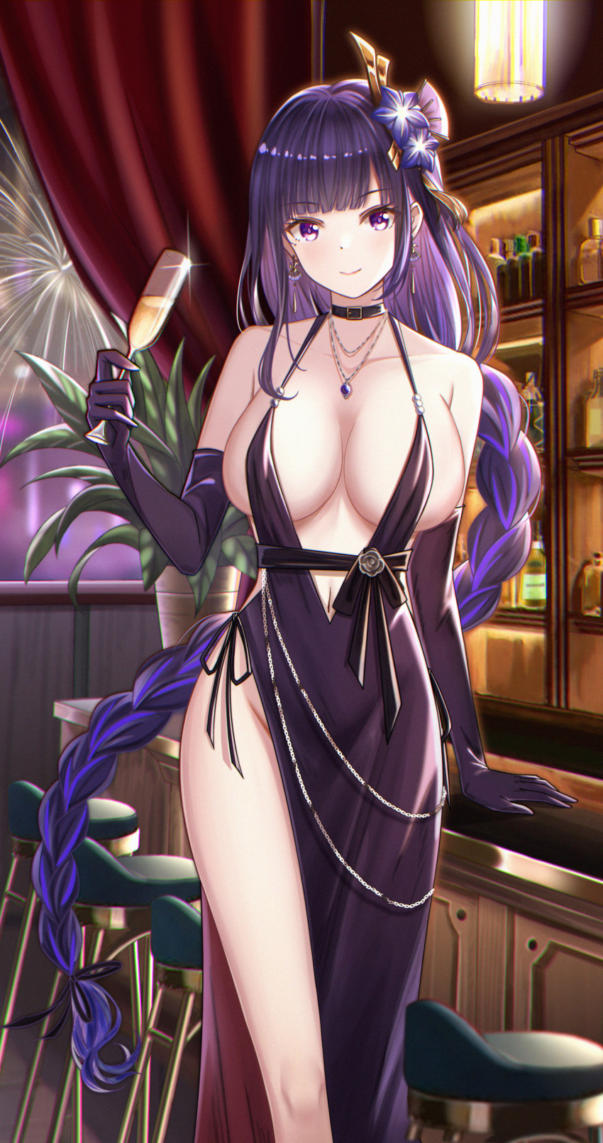 1girl absurdres alternate_costume bare_shoulders blush braid braided_ponytail breasts center_opening champagne_flute choker closed_mouth cocktail_dress cup dress drink drinking_glass elbow_gloves flan_(f_l_an) genshin_impact glint gloves groin hair_ornament halter_dress halterneck highleg highleg_panties highres holding holding_drink indoors large_breasts long_hair looking_at_viewer navel panties panty_straps purple_dress purple_eyes purple_hair raiden_shogun side_slit single_bare_leg single_braid smile standing string_panties underwear very_long_hair