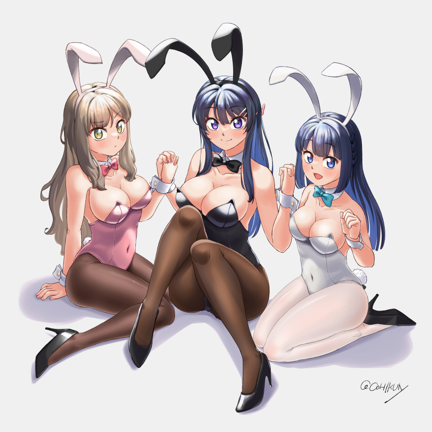 3girls :d absurdres alternate_costume animal_ears arm_at_side bangs bare_shoulders black_bow black_bowtie black_footwear black_leotard blonde_hair blue_eyes blunt_bangs bow bowtie breasts brown_hair brown_pantyhose cleavage closed_mouth collarbone commentary covered_nipples curled_fingers detached_collar dot_mouth dot_nose eyewear_removed fake_animal_ears fingernails full_body futaba_rio green_bow green_bowtie hair_ornament hair_over_shoulder hairclip high_heels highleg highleg_leotard highres holding_hands kohikun large_breasts leotard long_bangs long_hair looking_at_viewer makinohara_shouko medium_breasts multiple_girls open_mouth pantyhose parted_bangs pink_bow pink_bowtie pink_leotard pink_nails playboy_bunny purple_eyes rabbit_hair_ornament sakurajima_mai seishun_buta_yarou seiza shadow signature simple_background sitting smile split_mouth strapless strapless_leotard wariza white_background white_leotard white_pantyhose wrist_cuffs yellow_eyes