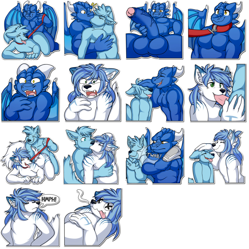 absurd_res anal anal_penetration annoyed anthro balls basilthedragon big_penis blue_body blue_scales canid canine collar doggystyle dragon duo expressions fainted fellatio from_behind_position genitals hair hi_res horn humanoid kissing long_hair male male/male mammal manspreading oral penetration penile penis scales scalie sex solo sticker_pack stickers stroking stroking_penis western_dragon wings ych_(character)