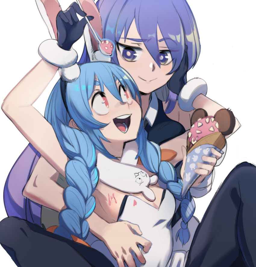 2girls :d animal_ears arms_up bangs bare_arms black_gloves black_pantyhose blue_hair boku_no_pico braid breasts commentary don-chan_(usada_pekora) eye_contact food gloves hair_between_eyes hand_on_another's_cheek hand_on_another's_face highres holding holding_ice_cream holding_spoon hololive ice_cream ice_cream_cone leotard looking_at_another moona_hoshinova multiple_girls open_mouth pantyhose parody pun purple_eyes purple_hair rabbit_ears raised_eyebrow red_eyes romaji_commentary round_teeth sho-n-d simple_background small_breasts smile spoon teeth twin_braids upper_teeth usada_pekora white_background white_leotard yuri