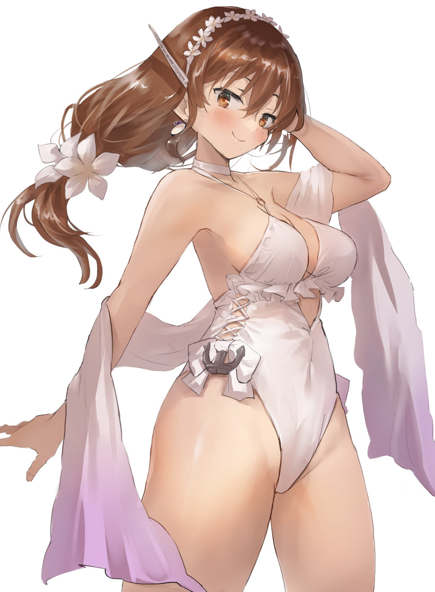 1girl absurdres anchor_ornament ashigara_(kancolle) brown_eyes brown_hair casual_one-piece_swimsuit choker cosplay criss-cross_halter earrings flower food-themed_earrings frilled_swimsuit frills hair_flower hair_ornament hairband halterneck highleg highleg_swimsuit highres jewelry kantai_collection lemon_earrings long_hair looking_at_viewer low-tied_long_hair one-piece_swimsuit sagiri_(kancolle) sagiri_(kancolle)_(cosplay) shawl side-tie_swimsuit simple_background solo standing swimsuit toka_(marchlizard) wavy_hair white_background white_choker white_one-piece_swimsuit white_shawl