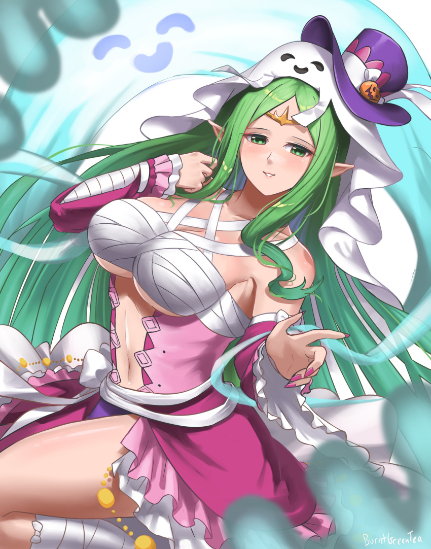 1girl absurdres alternate_costume breasts burnt_green_tea center_opening chest_sarashi cleavage fire_emblem fire_emblem_awakening fire_emblem_heroes ghost green_eyes green_hair halloween halloween_costume hat highres large_breasts long_hair looking_at_viewer naga_(fire_emblem) nail_polish pink_nails pointy_ears sarashi smile solo tiara top_hat underboob very_long_hair wrappings